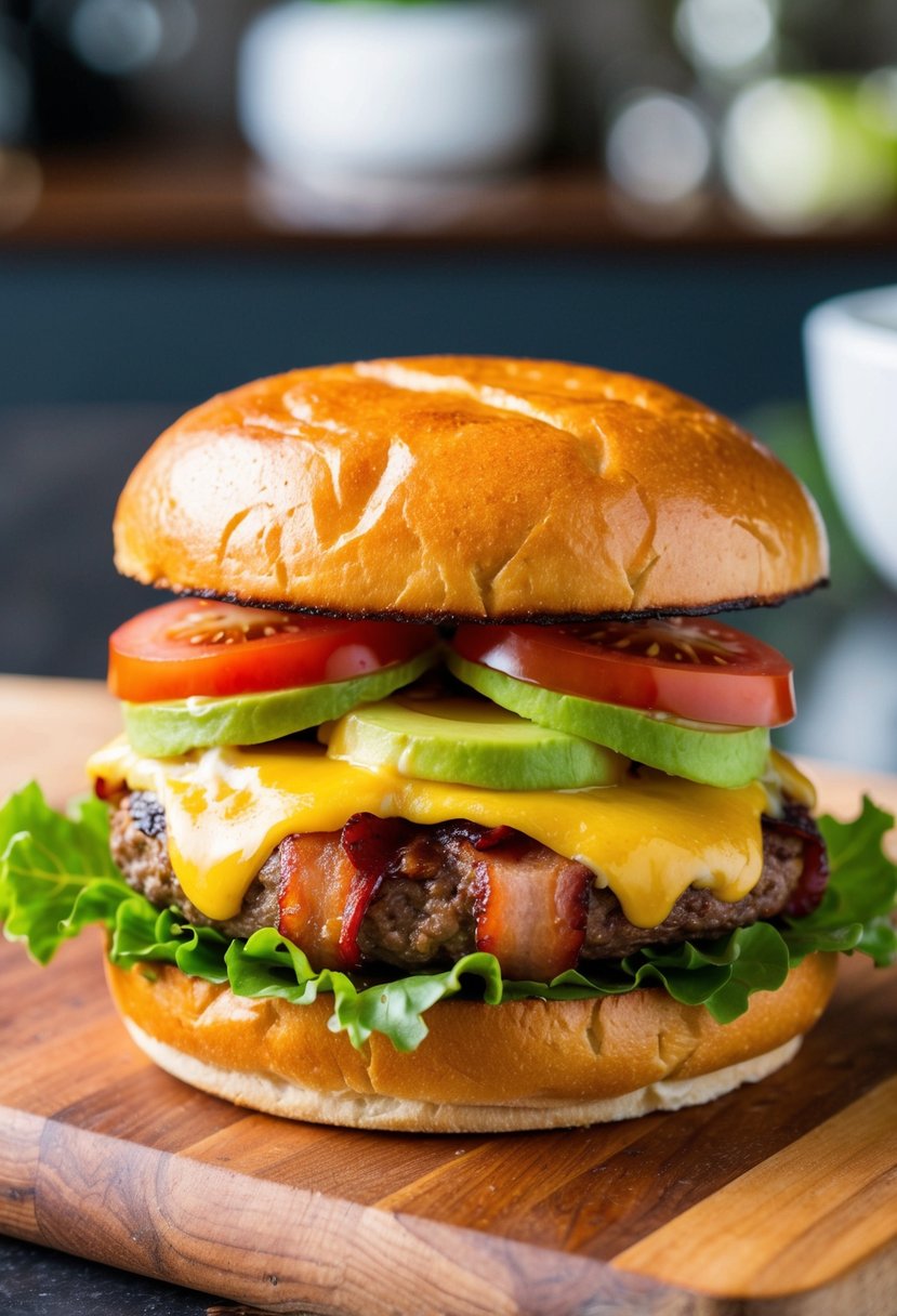 A sizzling avocado bacon burger on a toasted bun with lettuce, tomato, and melted cheese, served on a wooden cutting board