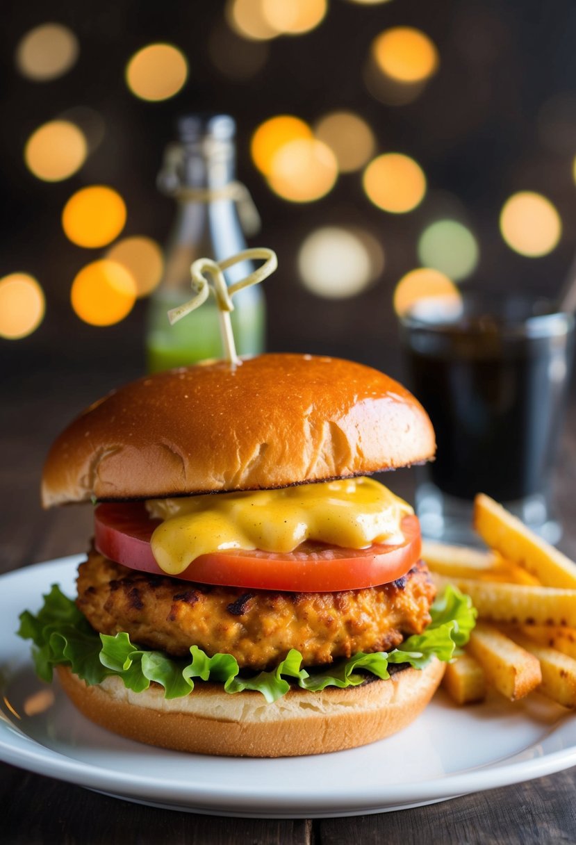 A sizzling honey mustard chicken burger on a toasted bun with lettuce, tomato, and a side of crispy fries