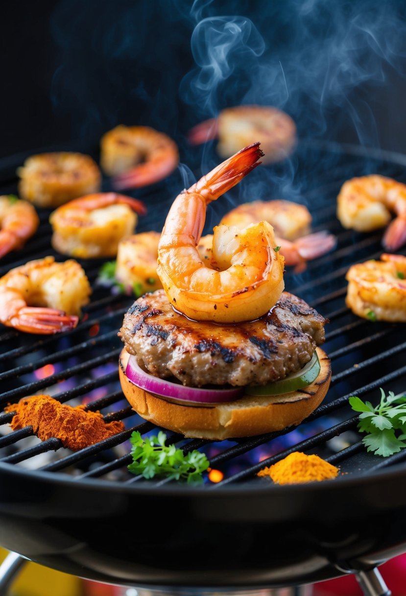 A sizzling Cajun shrimp burger being grilled on a barbecue with colorful spices and herbs scattered around