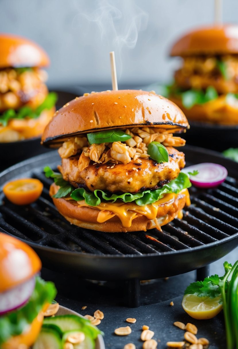 A sizzling Thai Peanut Chicken Burger on a grill with vibrant ingredients surrounding it