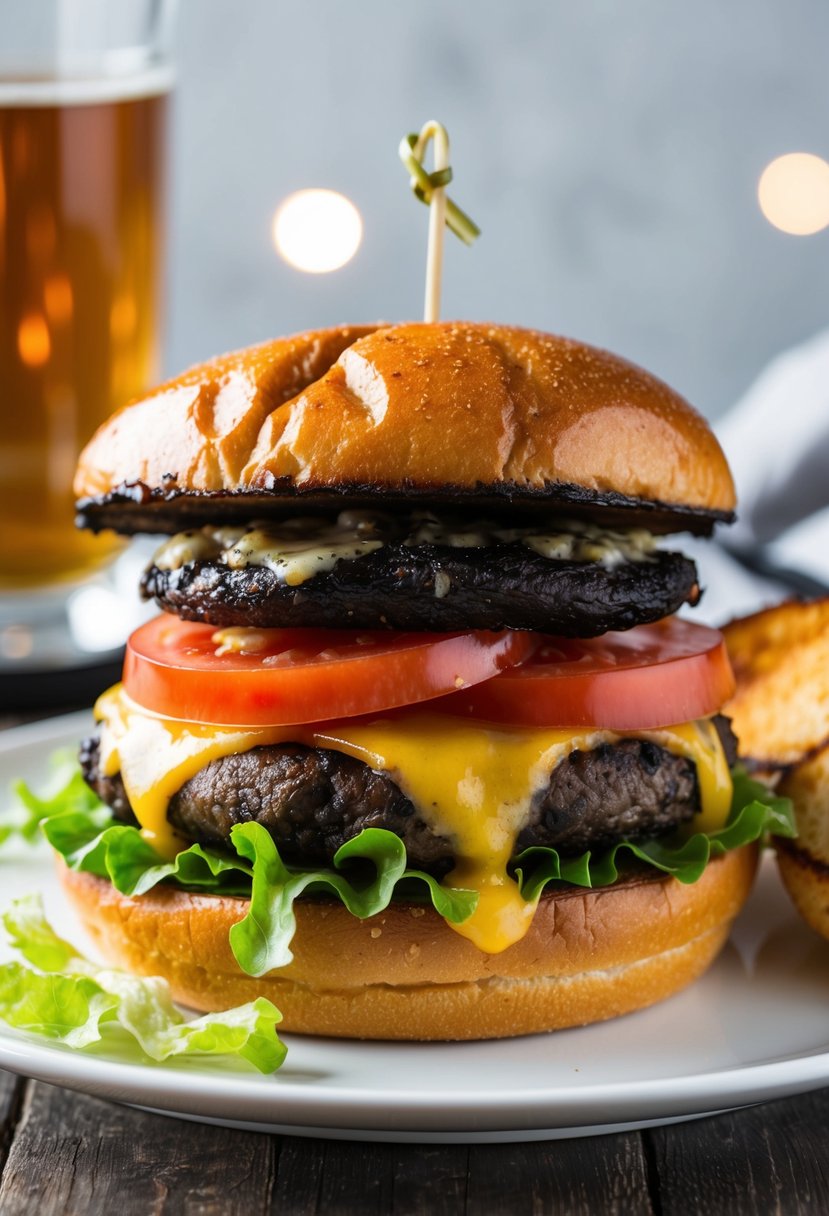 A sizzling portobello mushroom burger topped with melted cheese, lettuce, and tomato, served on a toasted brioche bun