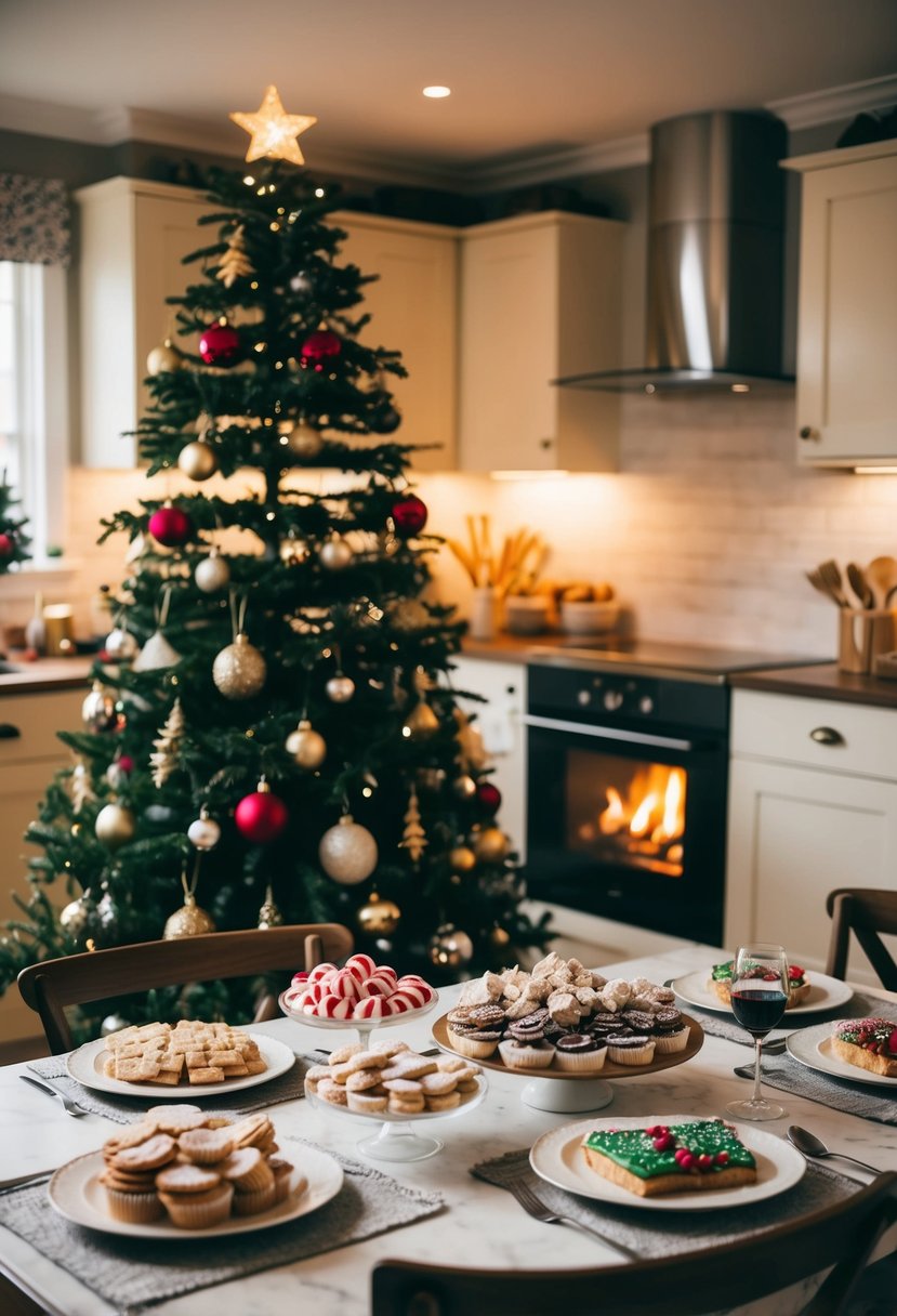 A festive kitchen with a decorated tree, a table filled with holiday treats, and a warm fire burning in the background