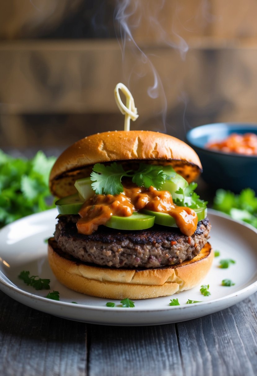 A sizzling black bean burger topped with chipotle sauce and fresh vegetables, served on a toasted bun