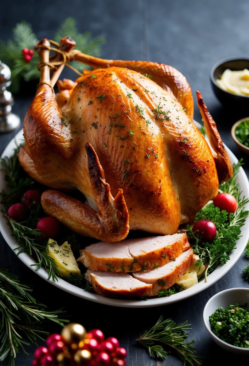 A golden brown roast turkey, glistening with herb butter, surrounded by festive garnishes and seasonal herbs