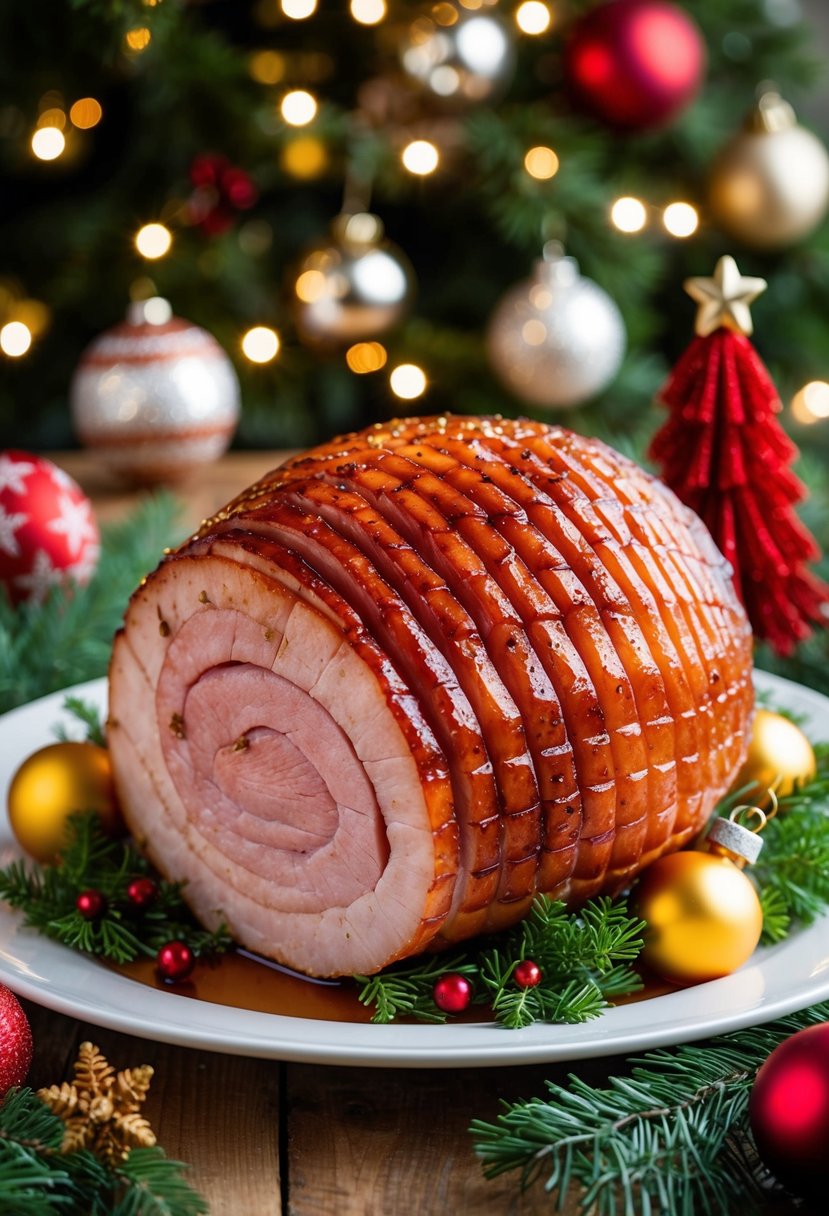 A succulent honey-glazed ham surrounded by festive Christmas decorations