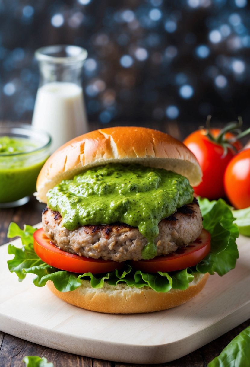 A juicy turkey burger topped with vibrant green pesto sauce, nestled in a soft bun with fresh lettuce and ripe tomato slices