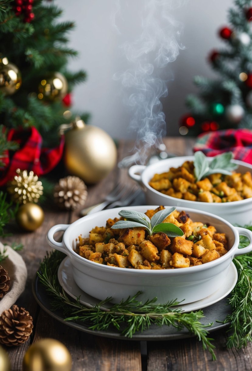 A rustic table setting with a steaming dish of classic stuffing garnished with fresh sage leaves, surrounded by festive holiday decor