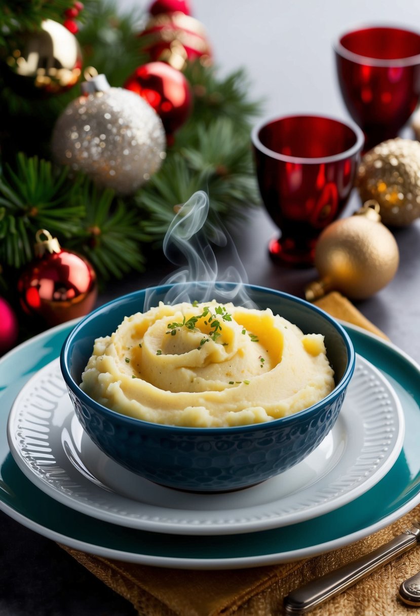 A festive table setting with a steaming bowl of creamy garlic mashed potatoes surrounded by holiday decorations