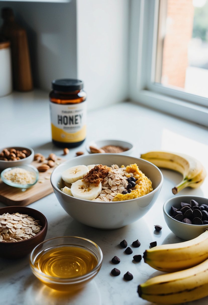 A kitchen counter with a bowl of mashed bananas, oats, and protein powder, surrounded by ingredients like honey, nuts, and chocolate chips