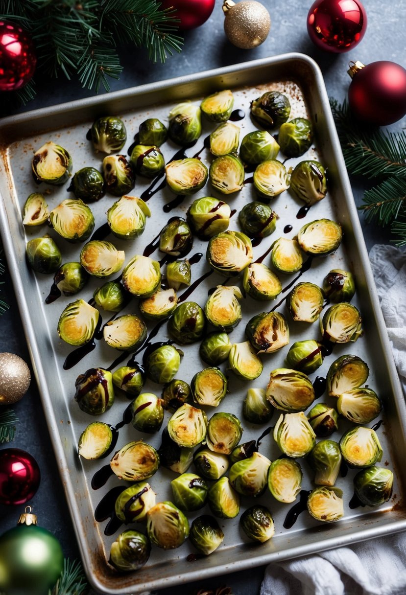 A baking sheet with roasted Brussels sprouts drizzled with balsamic glaze, surrounded by festive holiday decorations