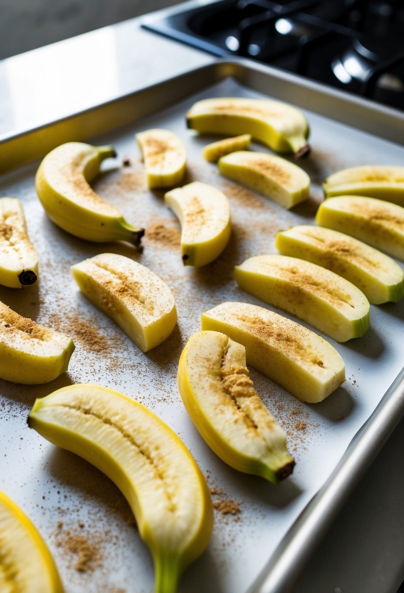 Fresh bananas sliced on a baking sheet, sprinkled with cinnamon, ready to be placed in the oven