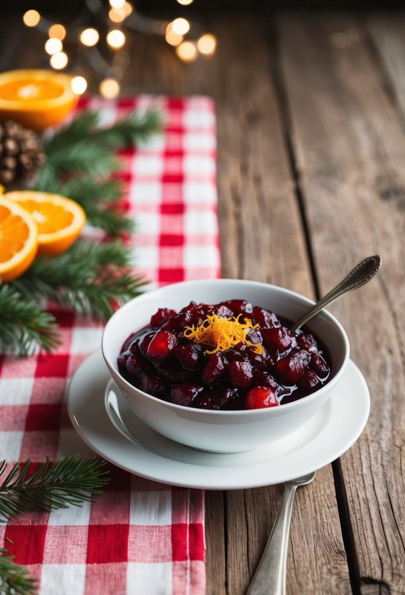 A rustic wooden table with a festive red and white checkered tablecloth, adorned with a glistening bowl of cranberry sauce topped with fresh orange zest