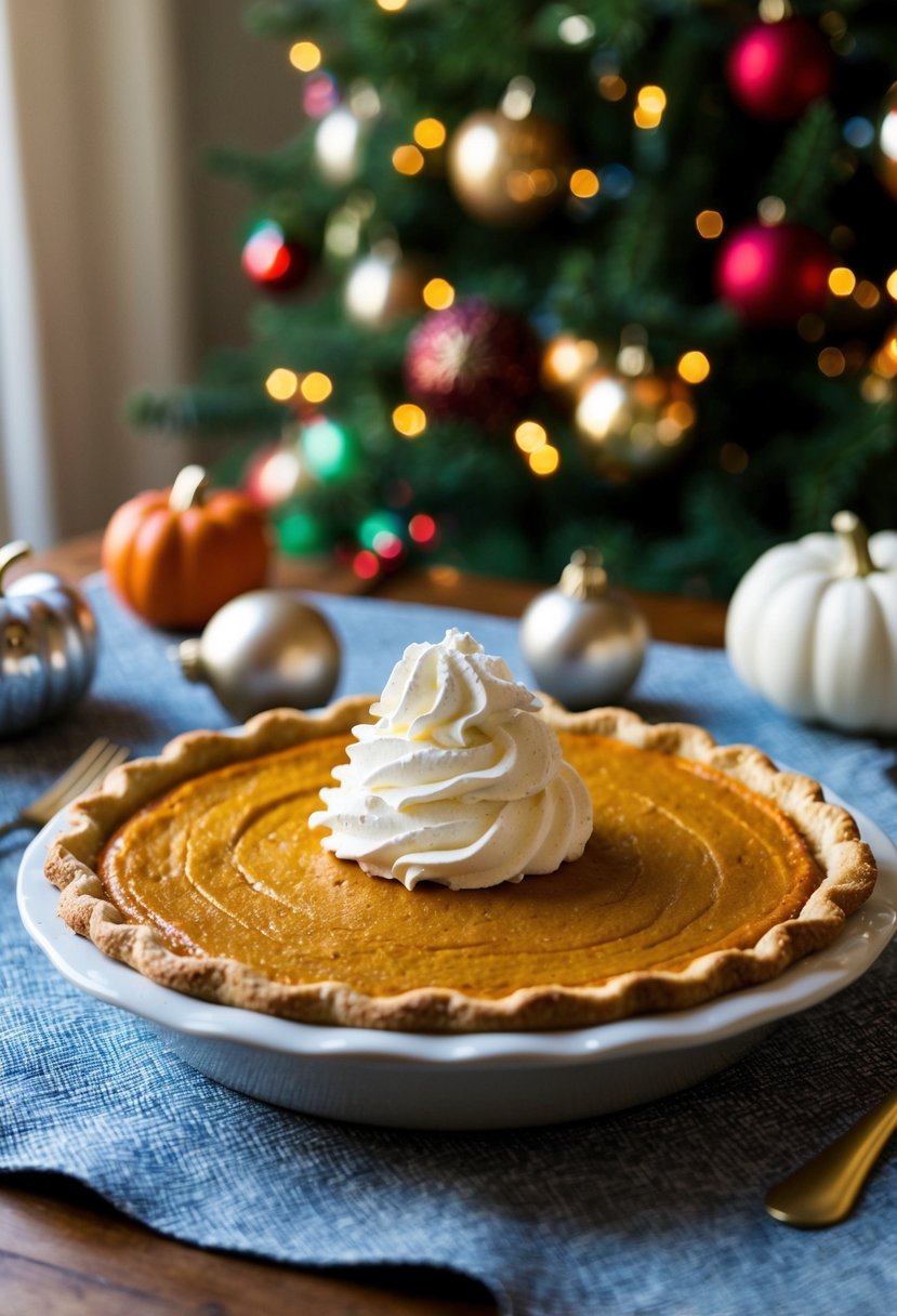 A festive pumpkin pie sits on a table, topped with a dollop of whipped cream and surrounded by holiday decorations