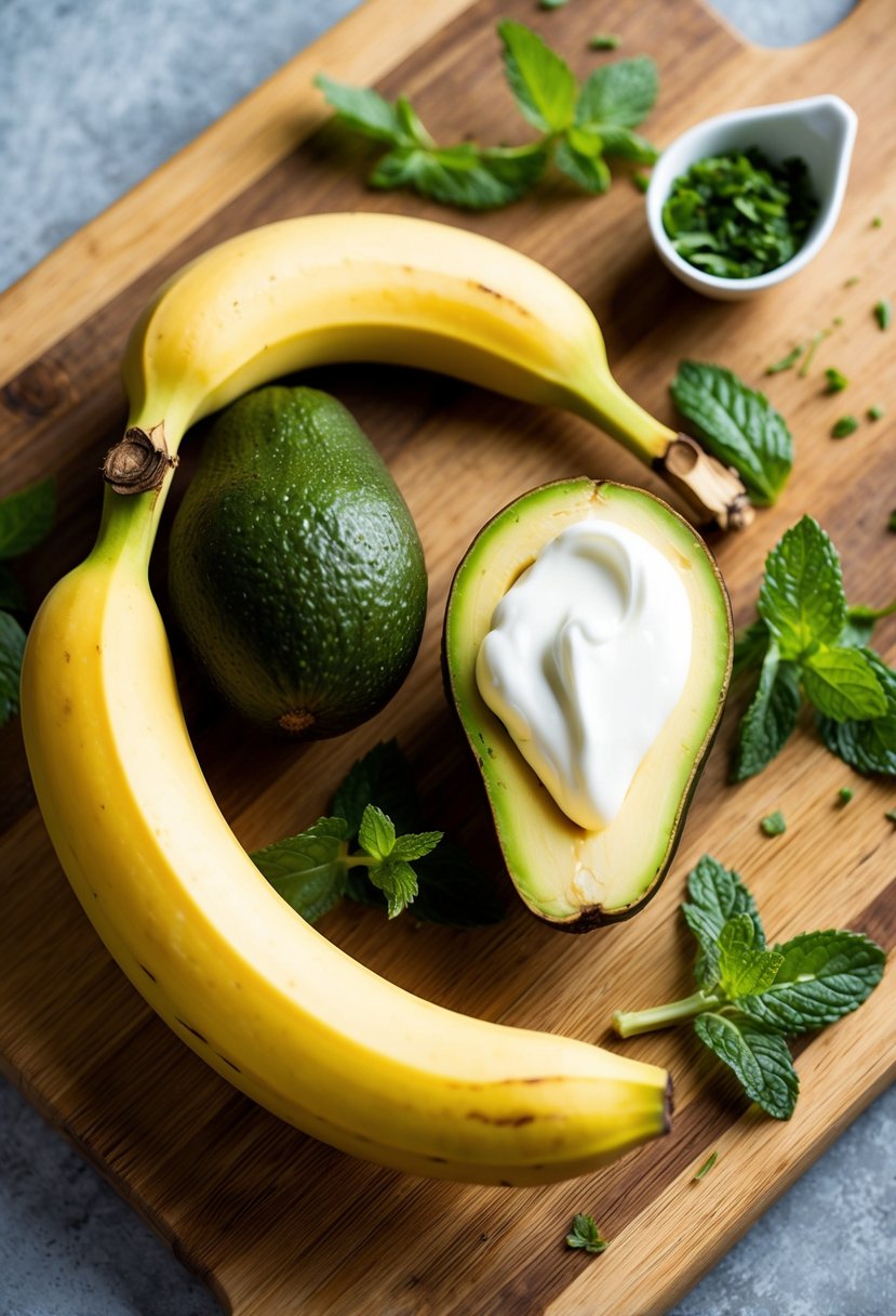 A ripe banana and avocado sit on a wooden cutting board, surrounded by a scattering of fresh mint leaves and a dollop of creamy white yogurt