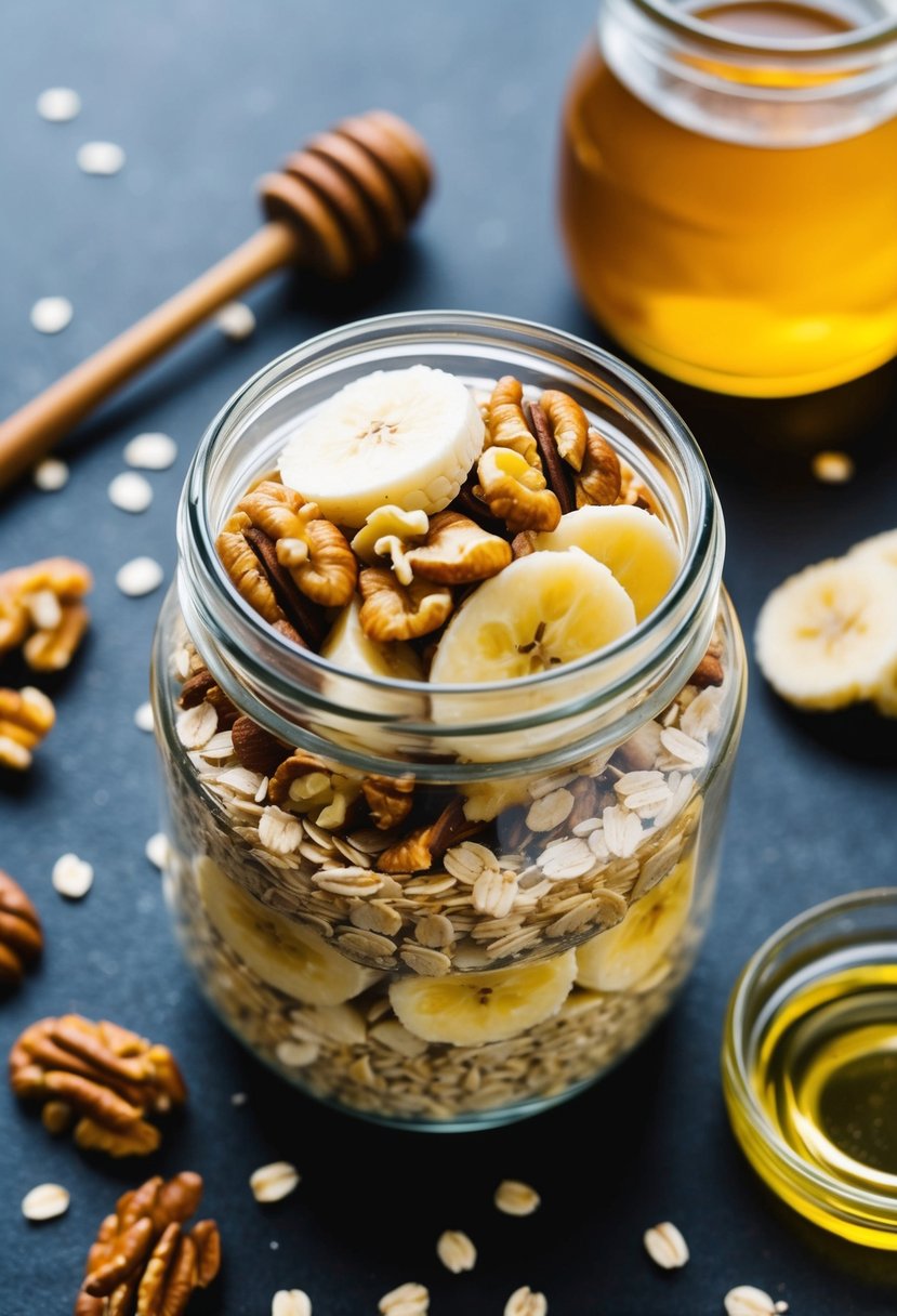 A glass jar filled with layers of oats, sliced bananas, and walnuts, surrounded by scattered ingredients like cinnamon and honey