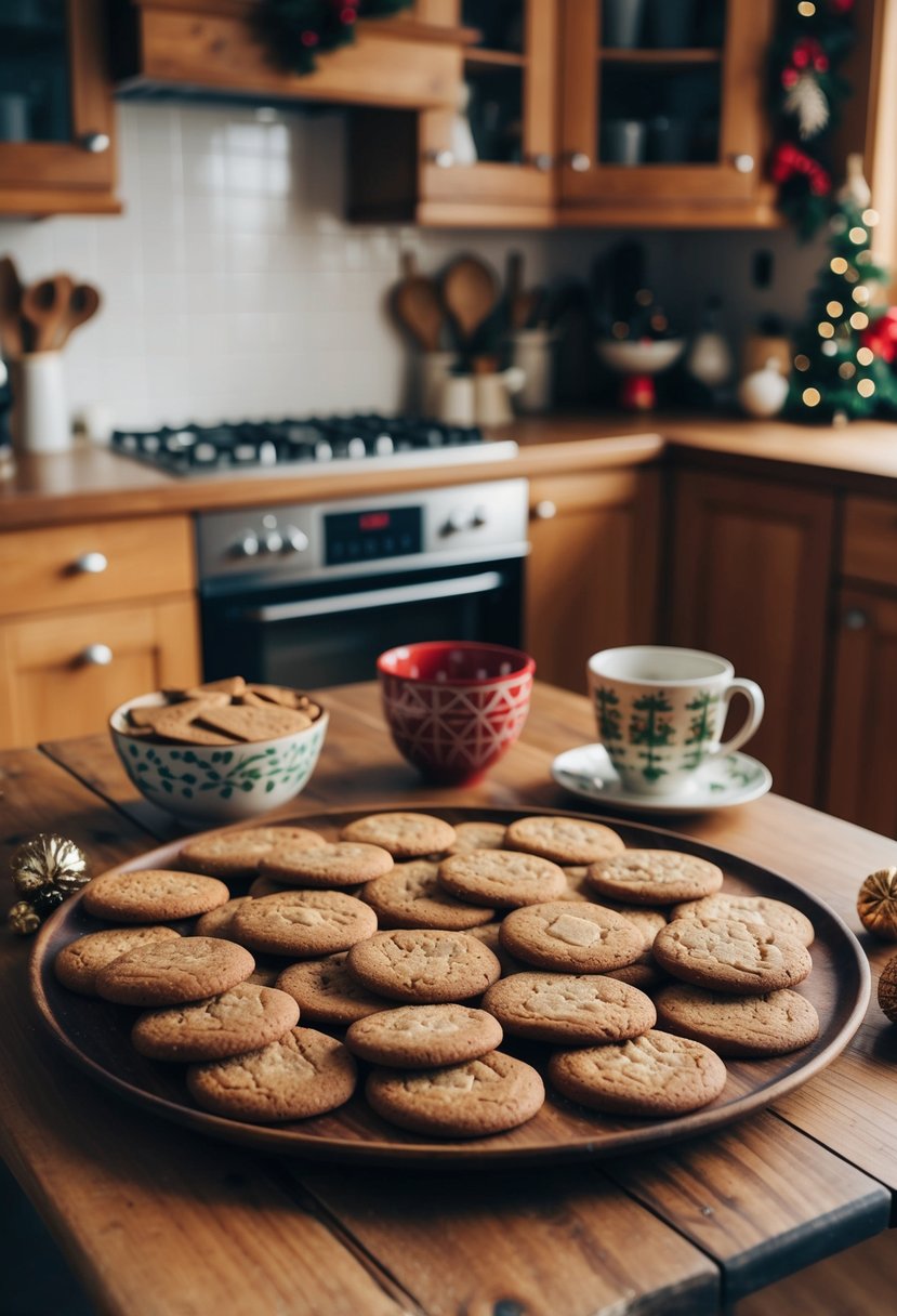 A cozy kitchen with a wooden table covered in freshly baked gingerbread cookies, surrounded by festive holiday decorations