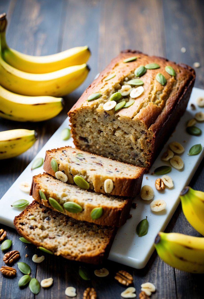 A loaf of low-calorie banana bread surrounded by fresh bananas and a scattering of nuts and seeds