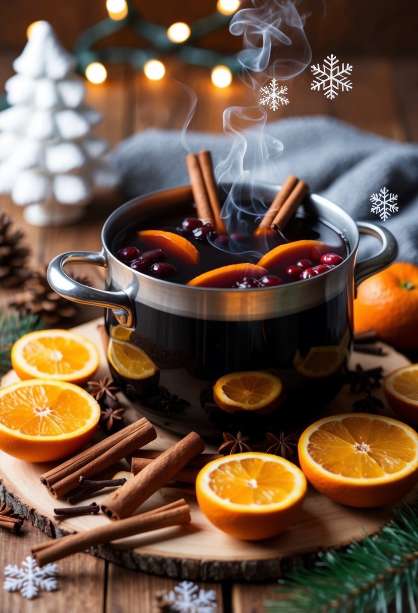 A cozy winter scene with a steaming pot of mulled wine surrounded by cinnamon sticks, cloves, and oranges. Twinkling lights and snowflakes add to the festive ambiance