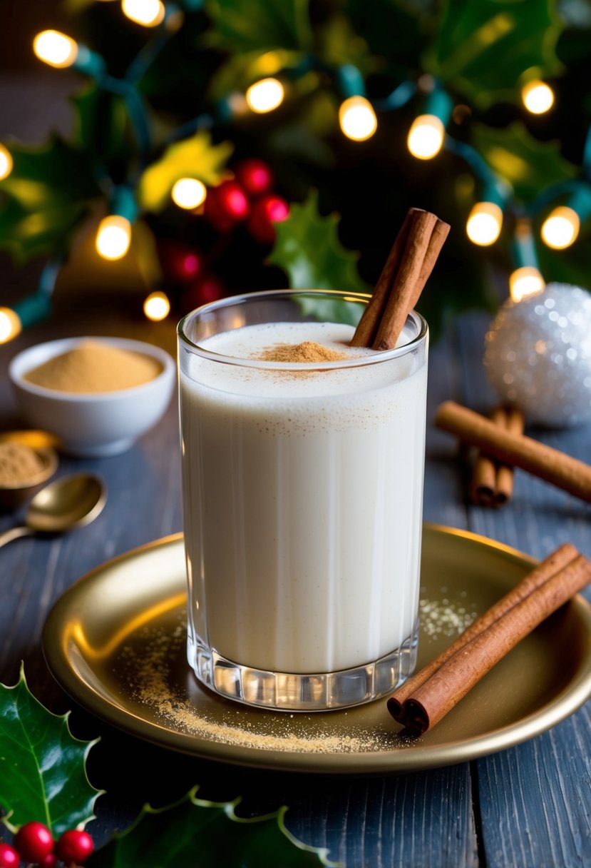 A festive table with a frothy glass of eggnog, cinnamon sticks, and a sprinkle of nutmeg, surrounded by twinkling Christmas lights and holly