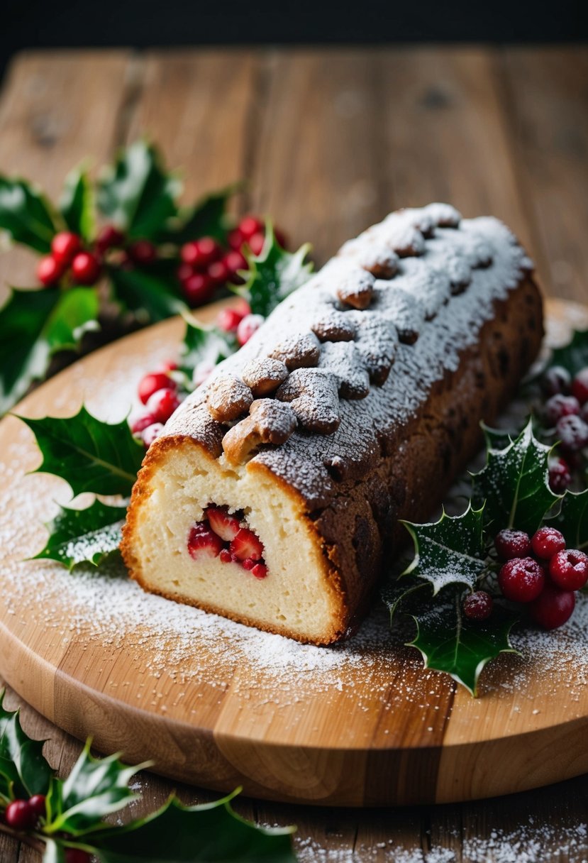 A festive Yule Log Cake surrounded by holly, berries, and a dusting of powdered sugar on a wooden platter