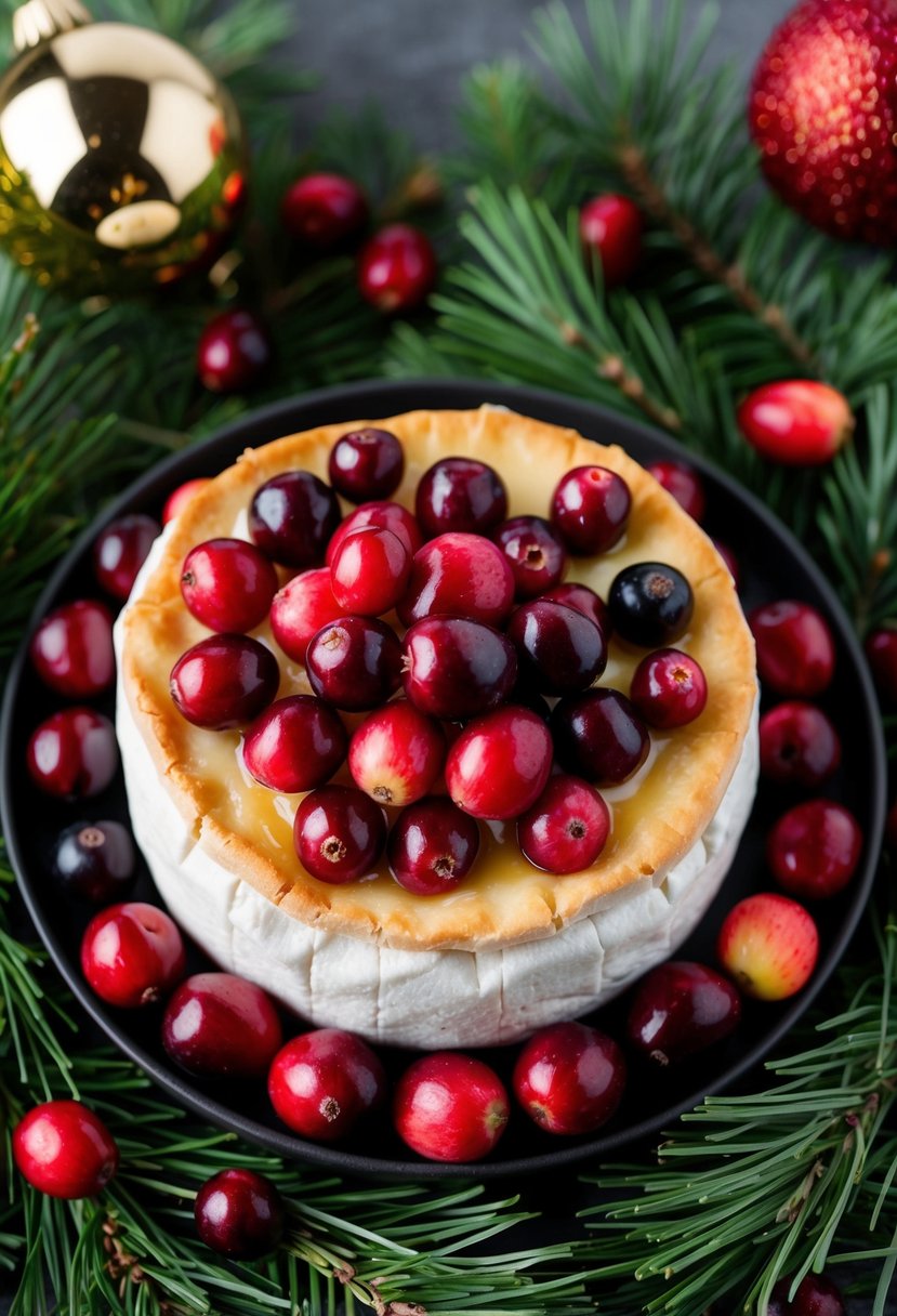 A round of baked brie topped with cranberries and surrounded by festive greenery and a scattering of fresh cranberries