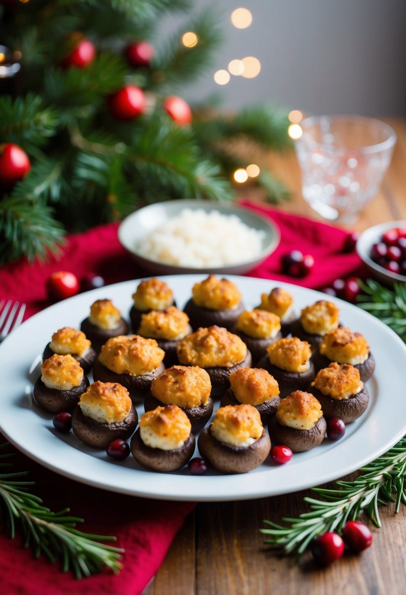 A festive table spread with a platter of golden-brown stuffed mushrooms surrounded by sprigs of fresh rosemary and cranberries