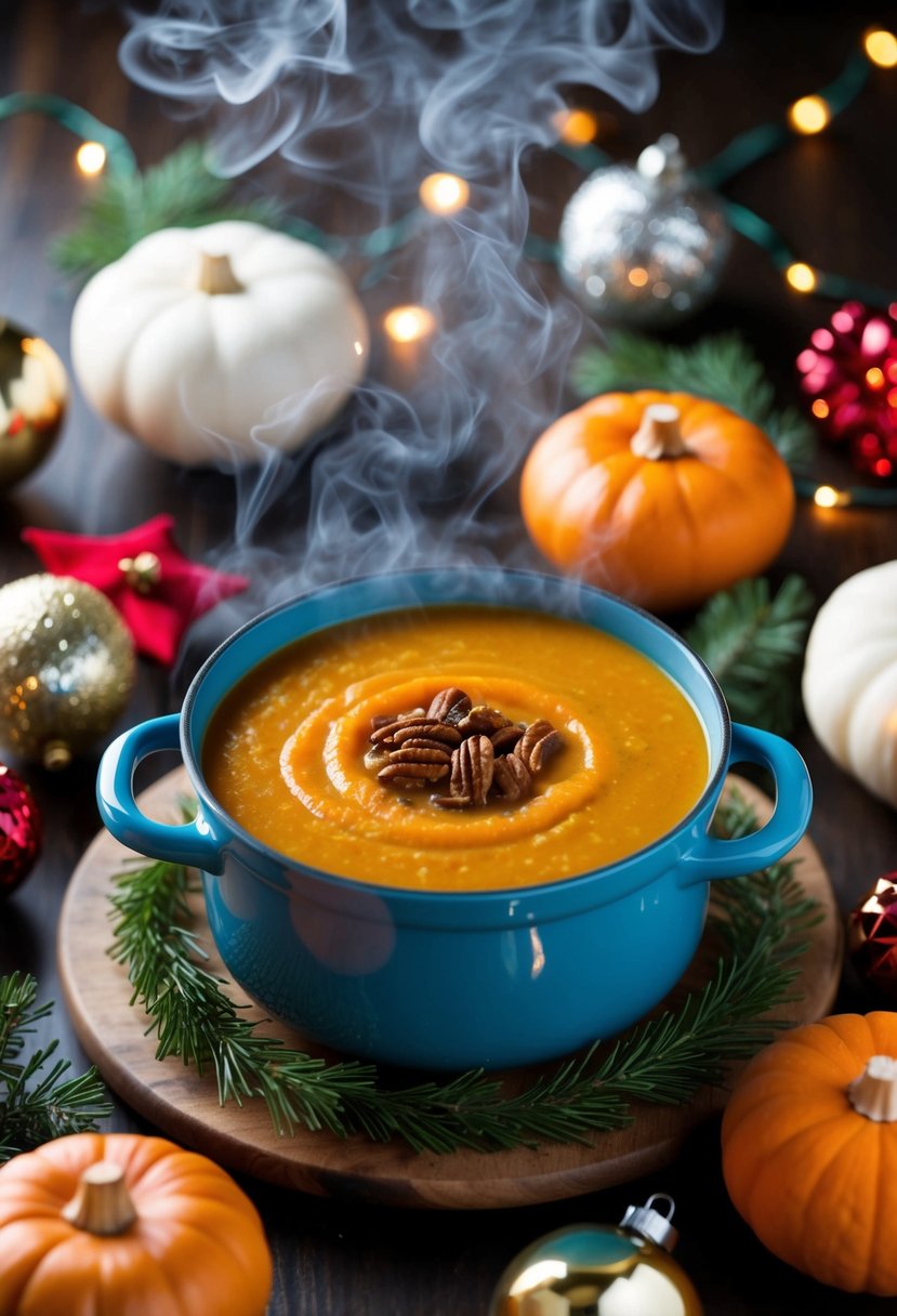 A steaming pot of butternut squash soup surrounded by festive holiday decorations