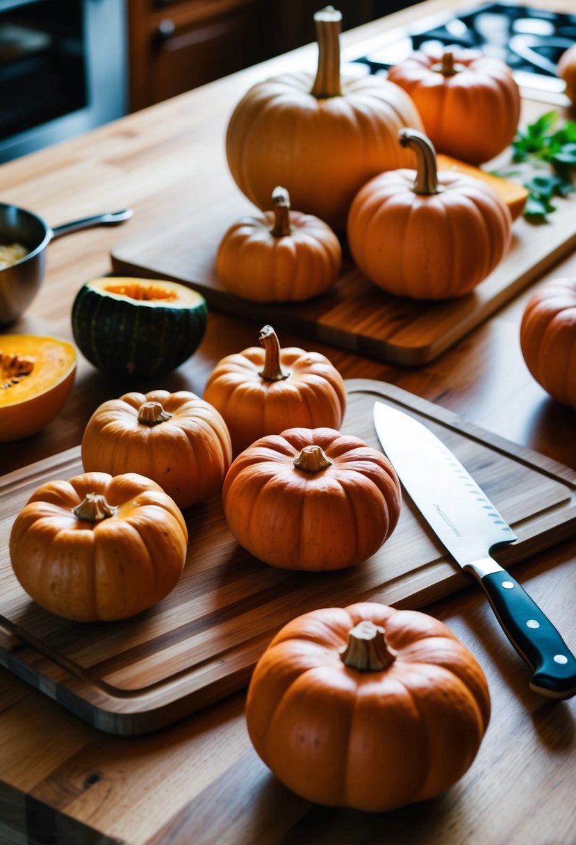 A wooden kitchen counter with a variety of fresh butternut squash, a cutting board, and a chef's knife