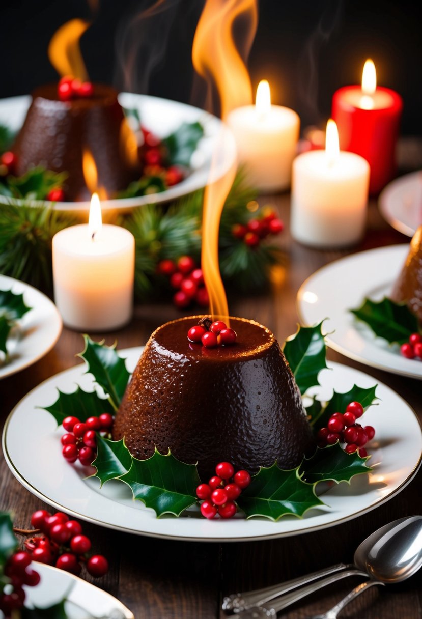 A festive table set with a steaming Christmas pudding surrounded by holly and candles