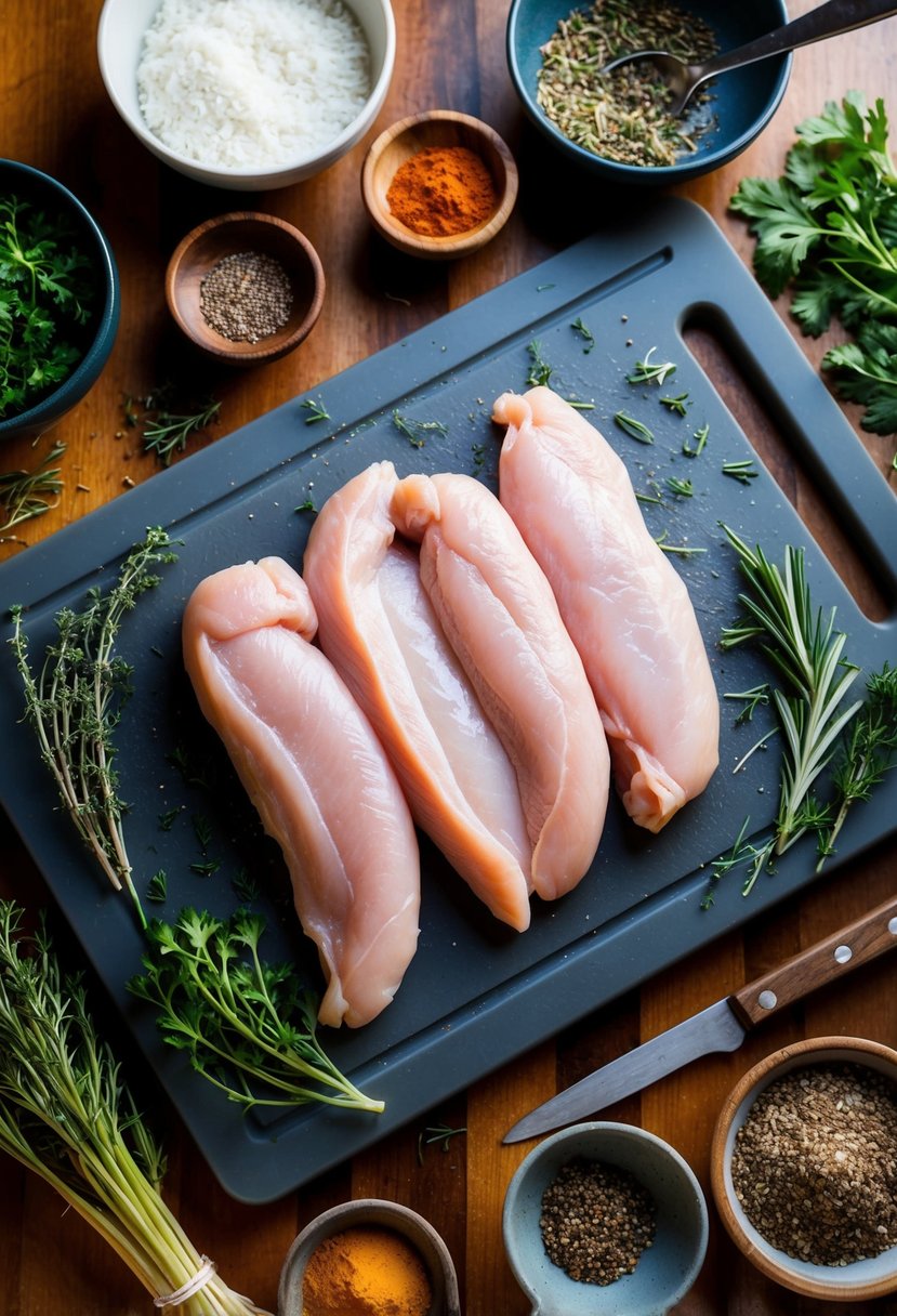 A cutting board with raw chicken tenderloins, surrounded by various herbs, spices, and cooking utensils