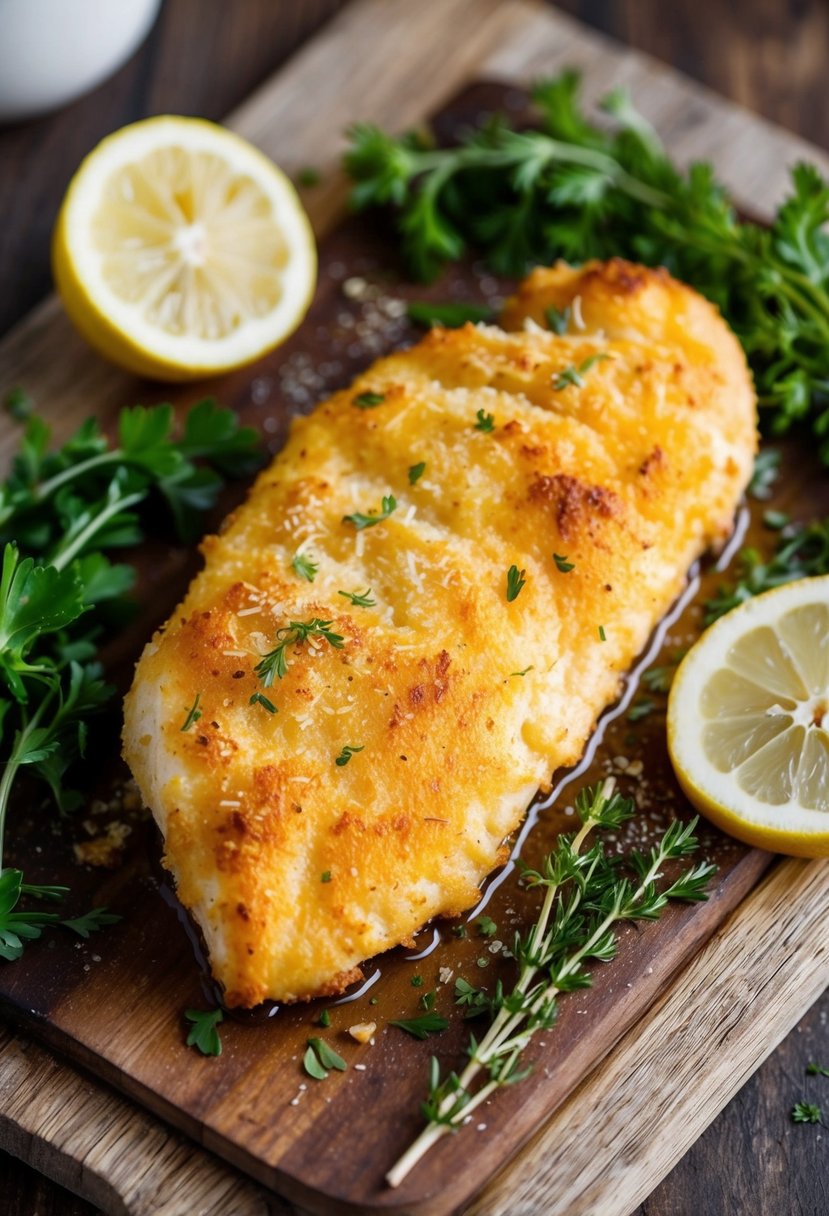 A golden-brown baked Parmesan chicken tenderloin on a rustic wooden cutting board, surrounded by fresh herbs and lemon slices