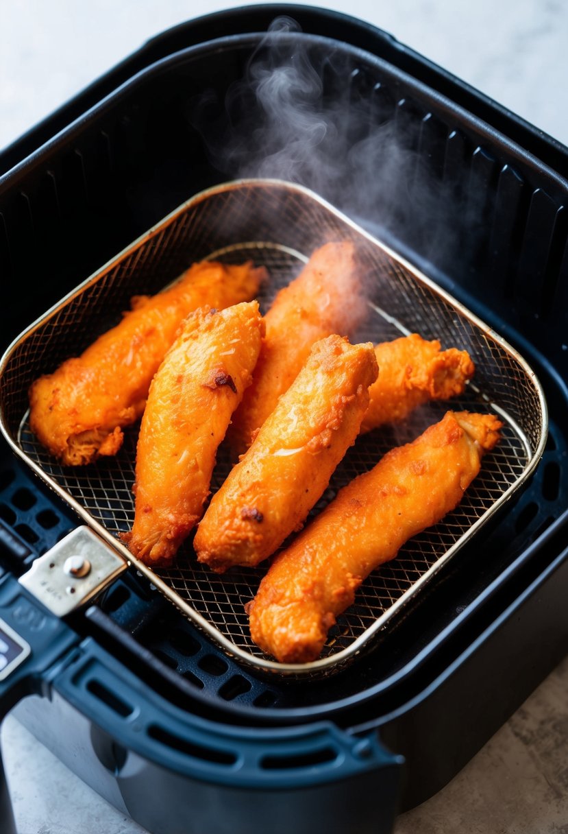 Buffalo chicken tenders sizzling in an air fryer basket, surrounded by a light mist of steam