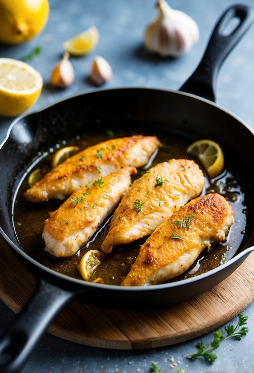 Golden-brown chicken tenderloins sizzling in a skillet with lemon slices and garlic cloves