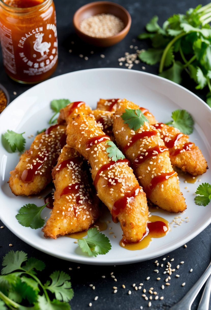 A plate of golden-brown chicken tenders drizzled with sriracha honey glaze, surrounded by scattered sesame seeds and fresh cilantro