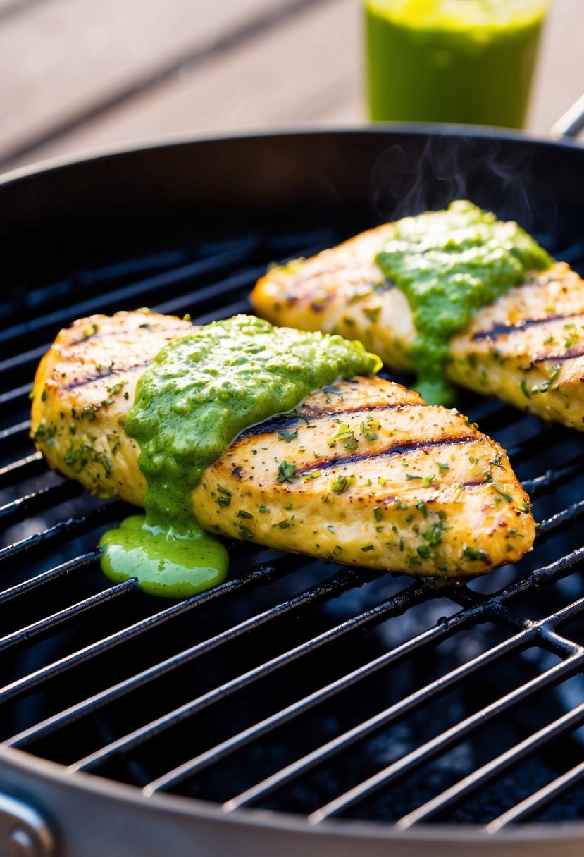 A sizzling pesto grilled chicken tenderloin on a hot grill with vibrant green pesto sauce dripping down the sides