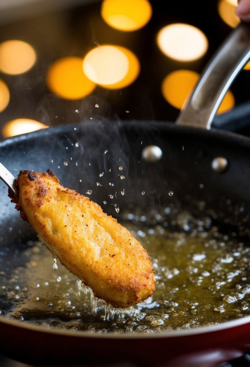 A golden-brown chicken tenderloin being fried in a sizzling pan