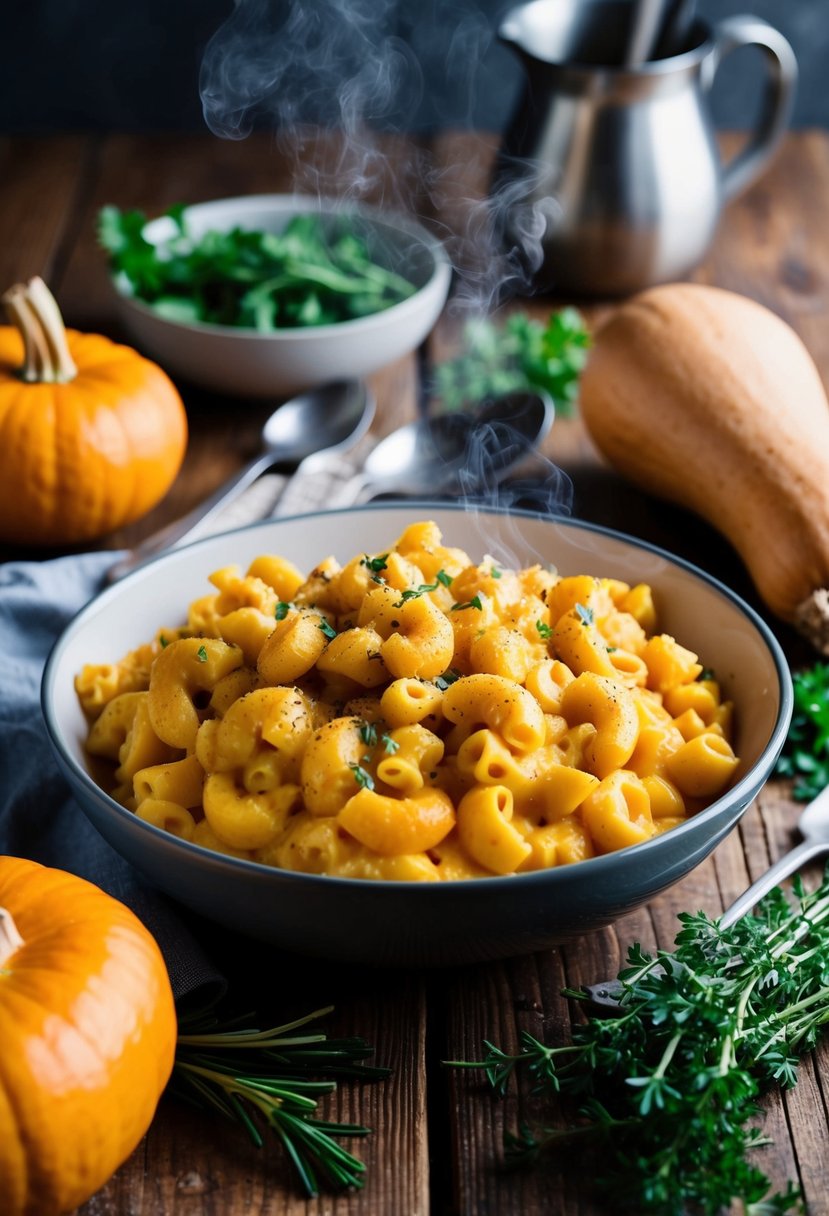 A steaming bowl of butternut squash mac and cheese surrounded by fresh butternut squash, herbs, and cooking utensils on a rustic wooden table