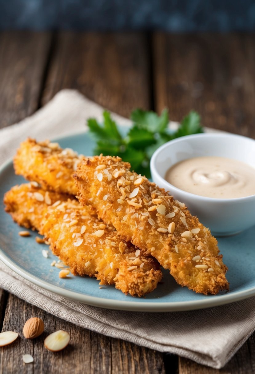 A plate of golden-brown almond-crusted chicken tenders with a side of dipping sauce on a rustic wooden table