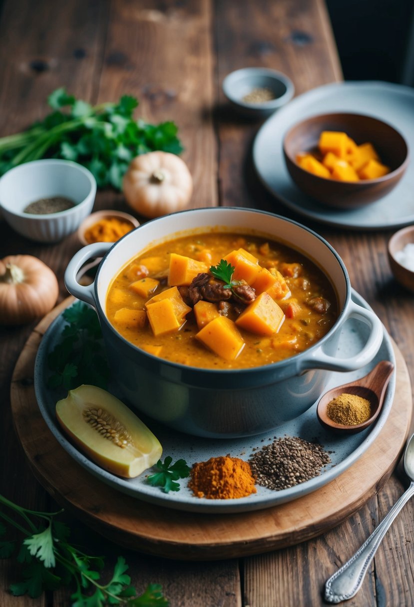 A simmering pot of curried butternut squash stew surrounded by fresh ingredients and spices on a rustic wooden kitchen counter