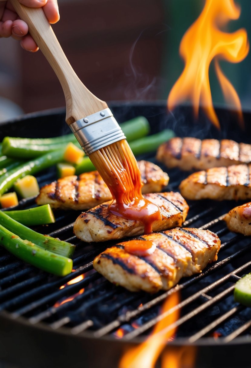 Chicken tenderloins being grilled over an open flame, brushed with barbecue ranch sauce, surrounded by sizzling vegetables on the grill