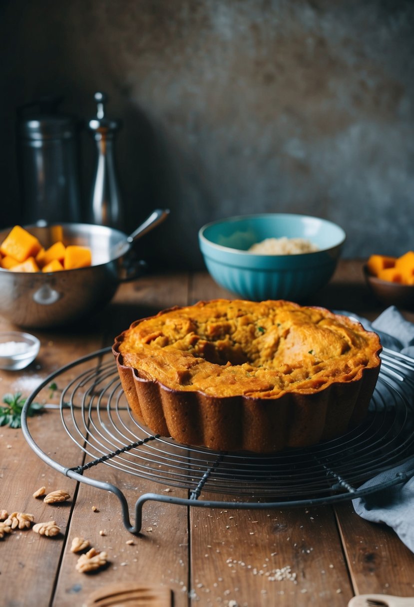 A rustic kitchen counter with a freshly baked butternut squash bread pudding cooling on a wire rack, surrounded by scattered ingredients and a vintage mixing bowl