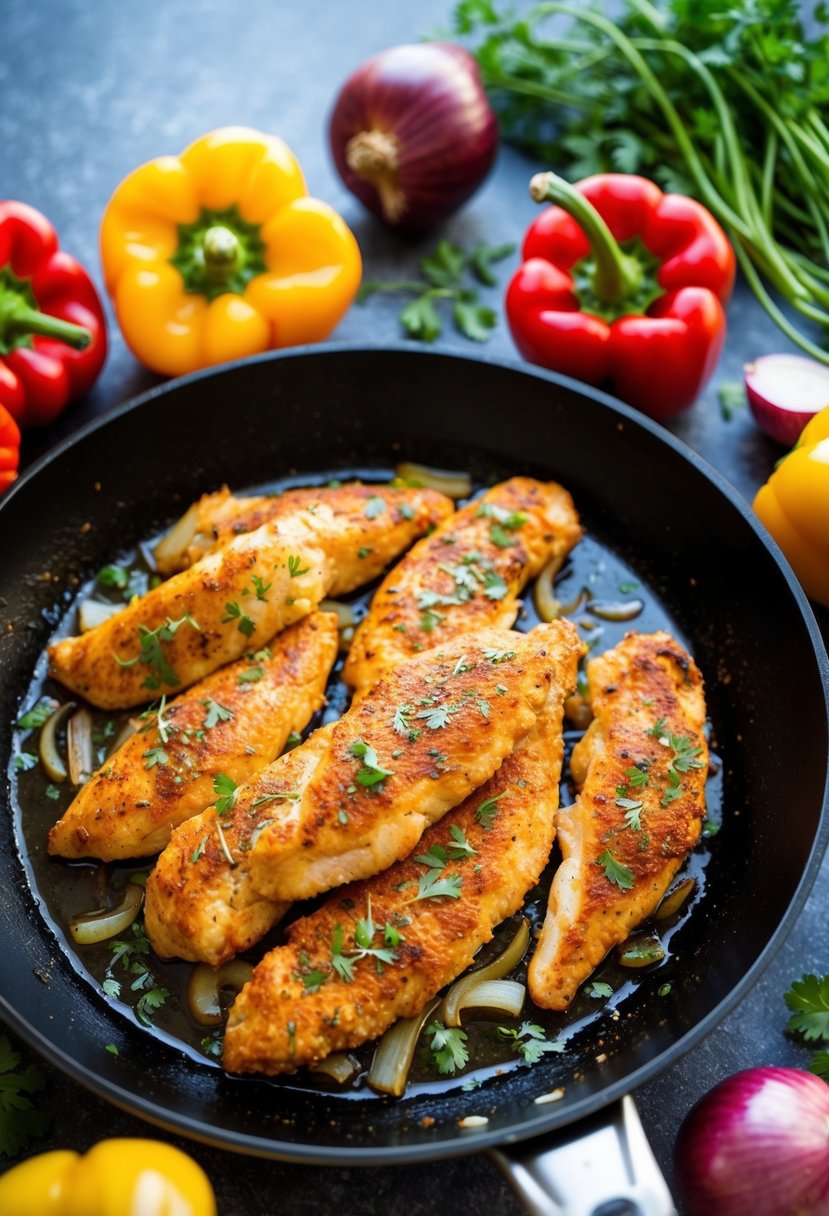 A sizzling skillet of paprika-coated chicken tenderloins, garnished with fresh herbs and surrounded by colorful bell peppers and onions