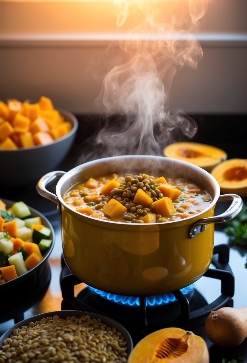 A steaming pot of butternut squash and lentil curry simmers on a stove, filling the air with warm, fragrant spices. Chopped vegetables and lentils sit nearby, ready to be added to the bubbling mixture