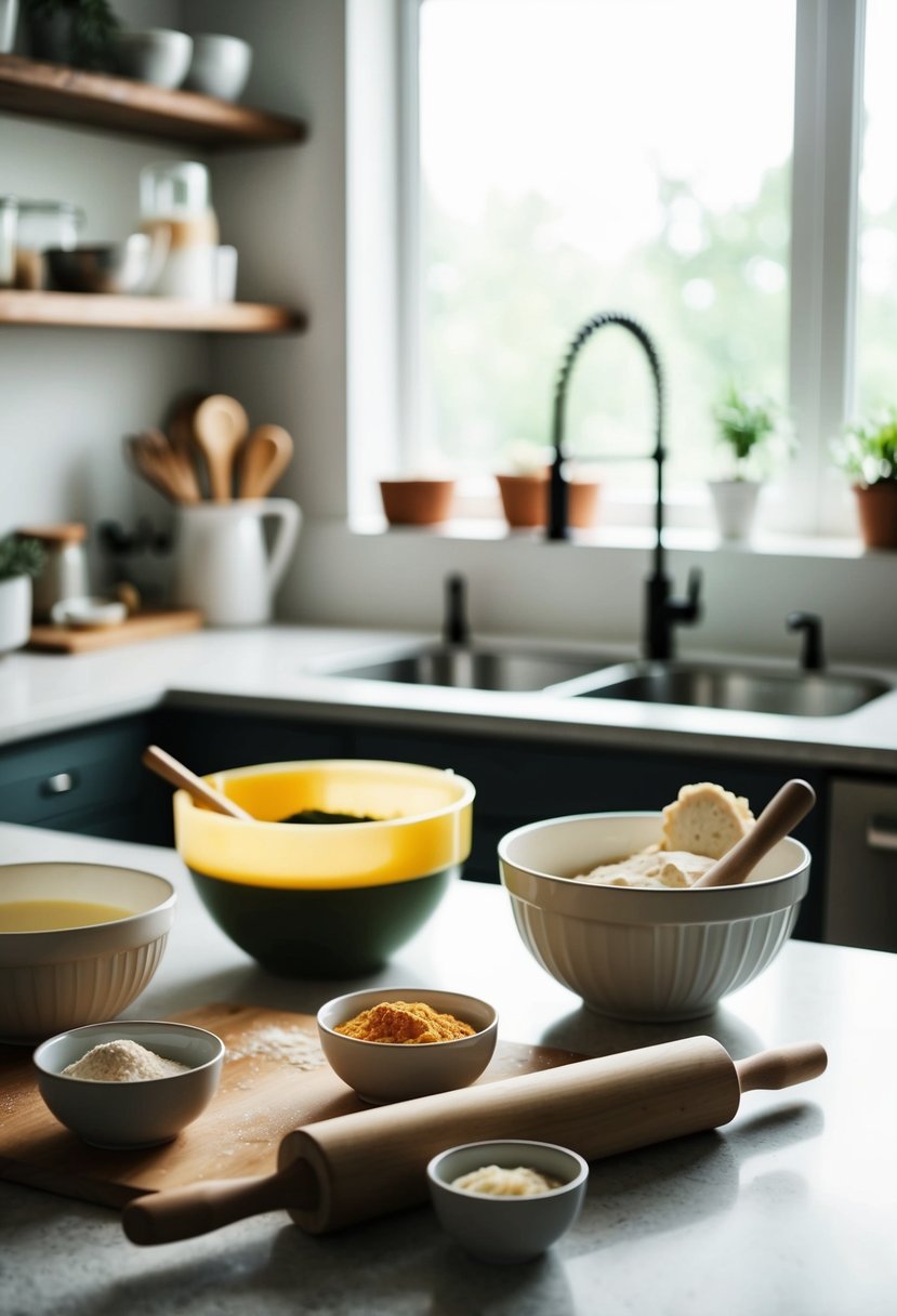 A kitchen counter with ingredients, mixing bowls, and a rolling pin for biscuit recipes