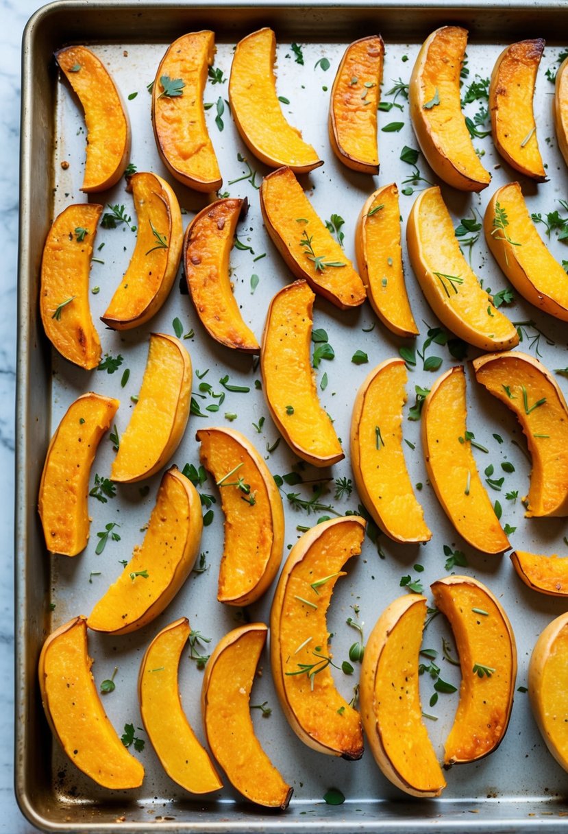 A baking sheet with golden brown butternut squash fries arranged in a neat pattern, with a sprinkle of fresh herbs on top