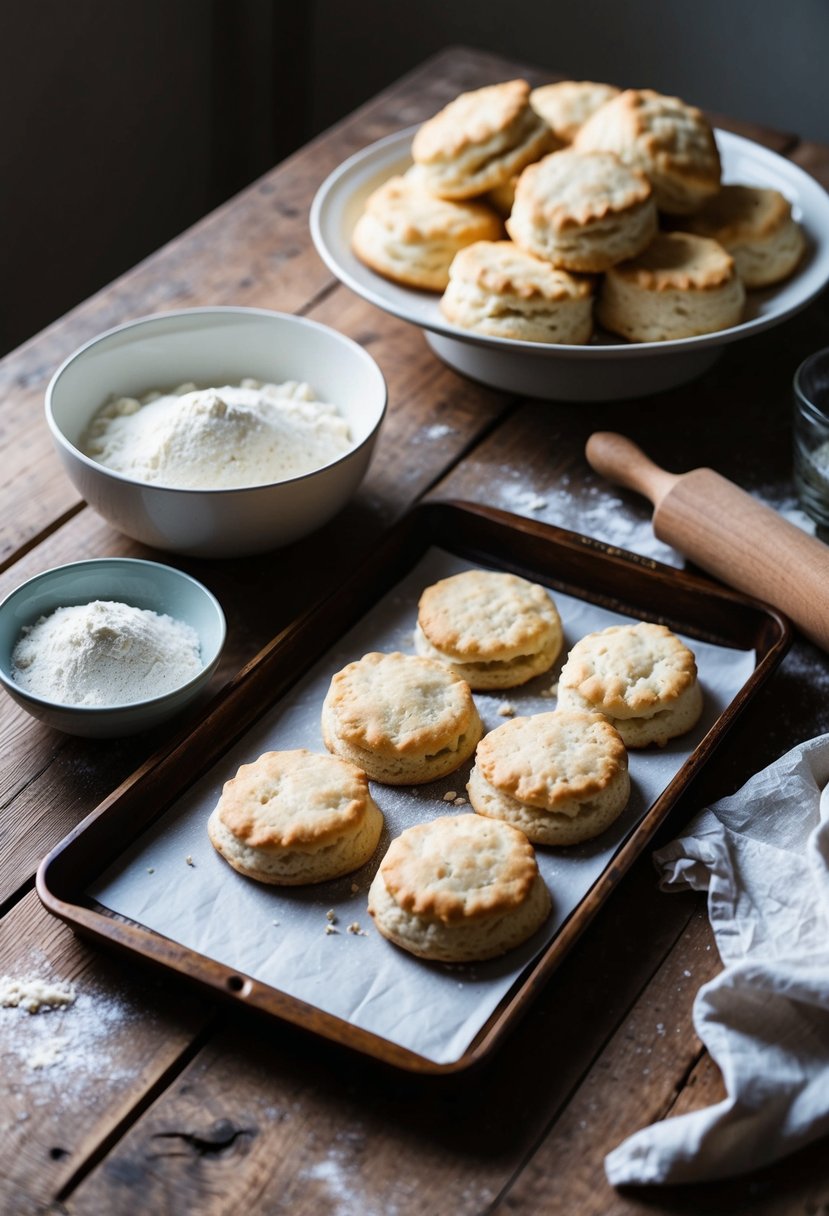 A rustic kitchen table with a tray of freshly baked buttermilk biscuits, a rolling pin, and a bowl of flour