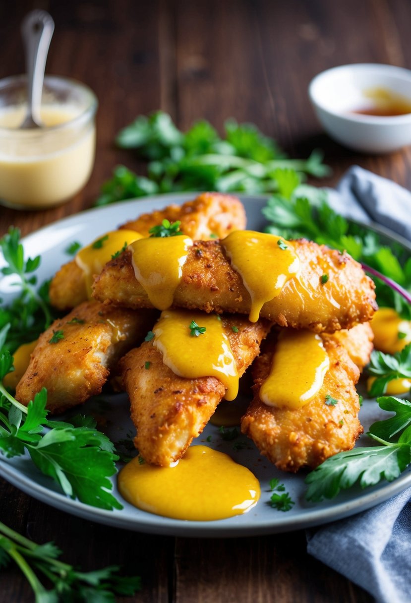 A plate of golden-brown chicken tenders, glistening with honey mustard glaze, surrounded by vibrant green herbs and a drizzle of sauce