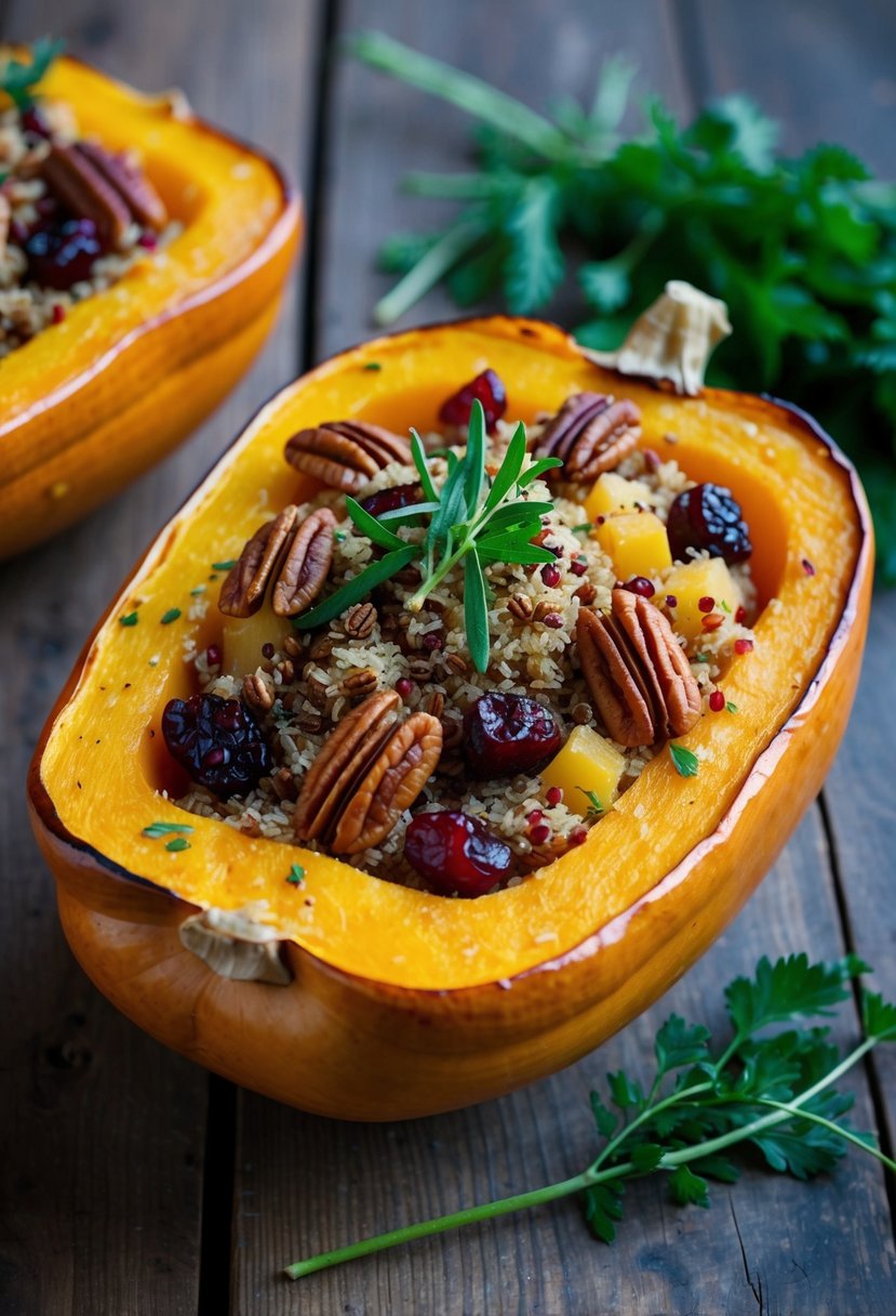 A roasted butternut squash filled with quinoa, cranberries, and pecans, garnished with fresh herbs on a rustic wooden table