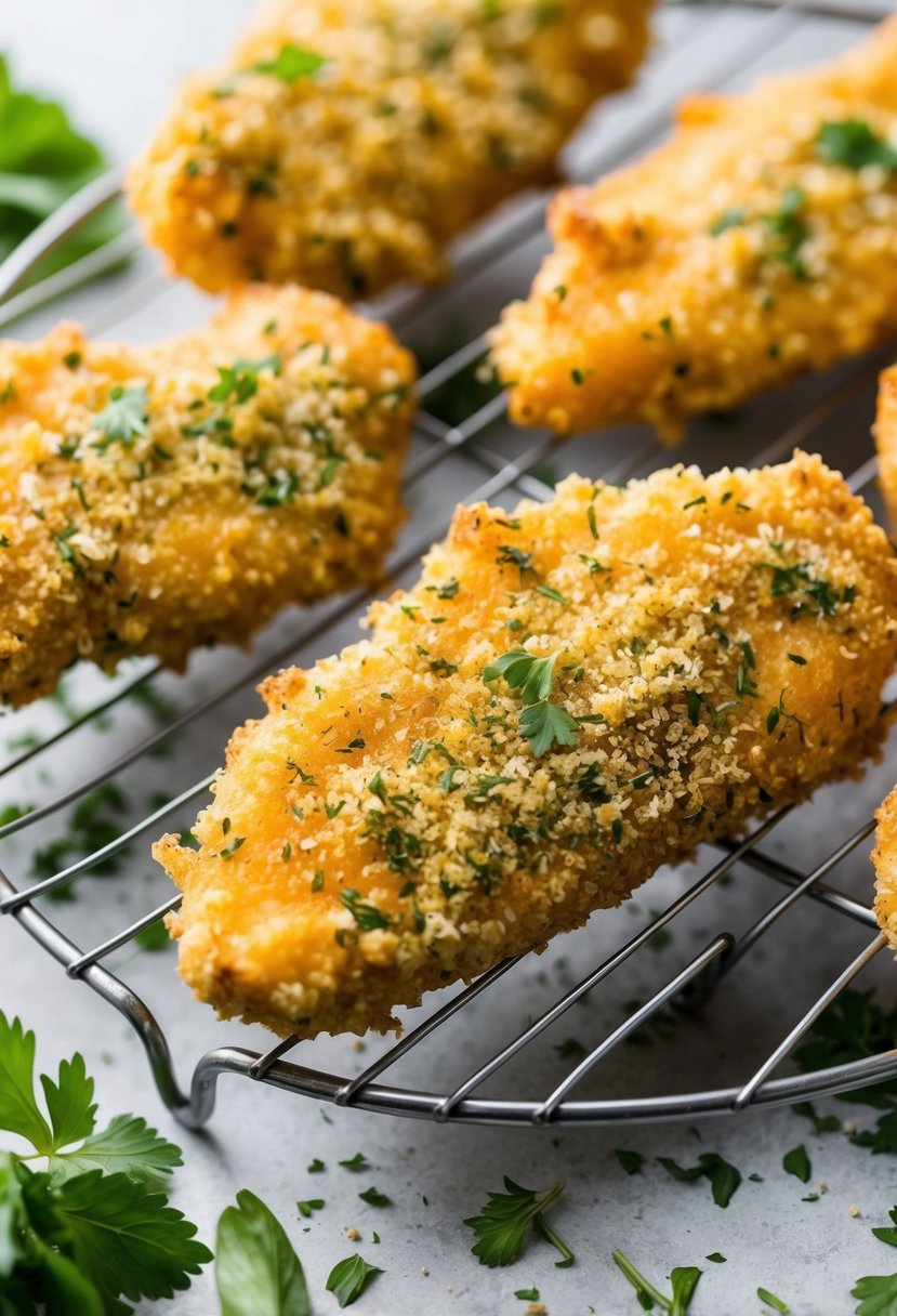 Golden-brown chicken tenders coated in a fragrant herb crust, resting on a wire rack with fresh herbs scattered around