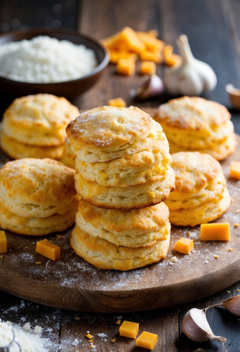 A close-up of golden-brown cheddar garlic biscuits on a rustic wooden cutting board, surrounded by scattered ingredients like flour, cheese, and garlic cloves